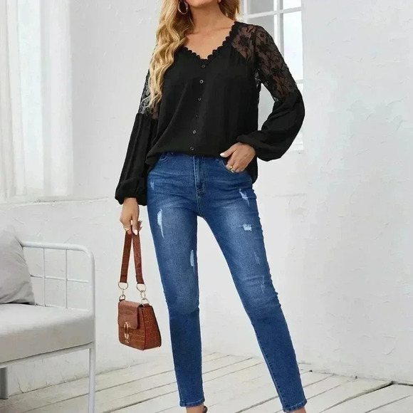 Black Casual Women's Guipure Lace Trim Embroidery Mesh Insert Blouse - Picture 4 of 5